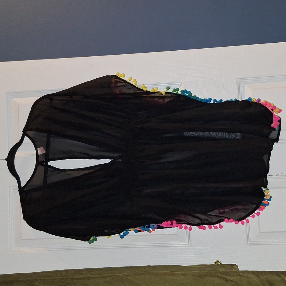 Bongo Swim Suit Cover Up Black Colorful Pom Pom Border Large